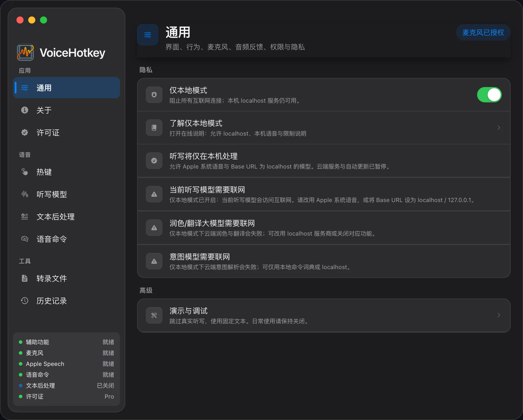 界面预览：仅本地模式开关